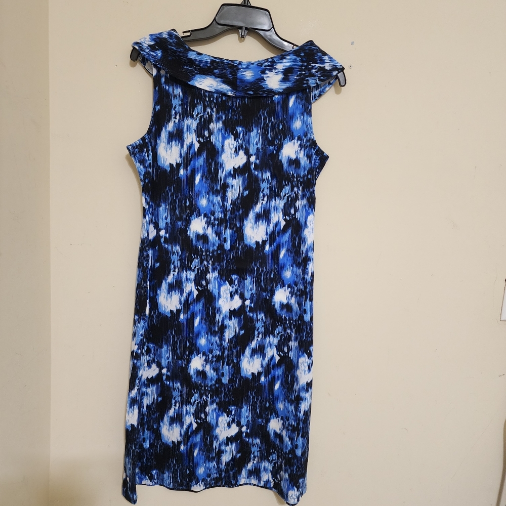 RAFAELLA size Medium Sleeveless Wide Collar Abstract Shift Dress‎ Blue - Picture 11 of 14